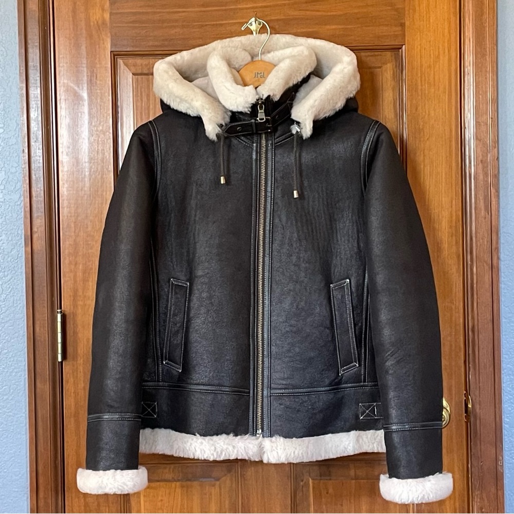 Overland Sheepskin Co Brown and Cream Shearling Bomber Jacket